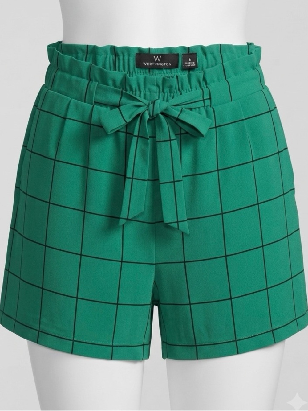 Worthington Paperbag Waist Shorts in high-rise green plaid/windowpane-size 6